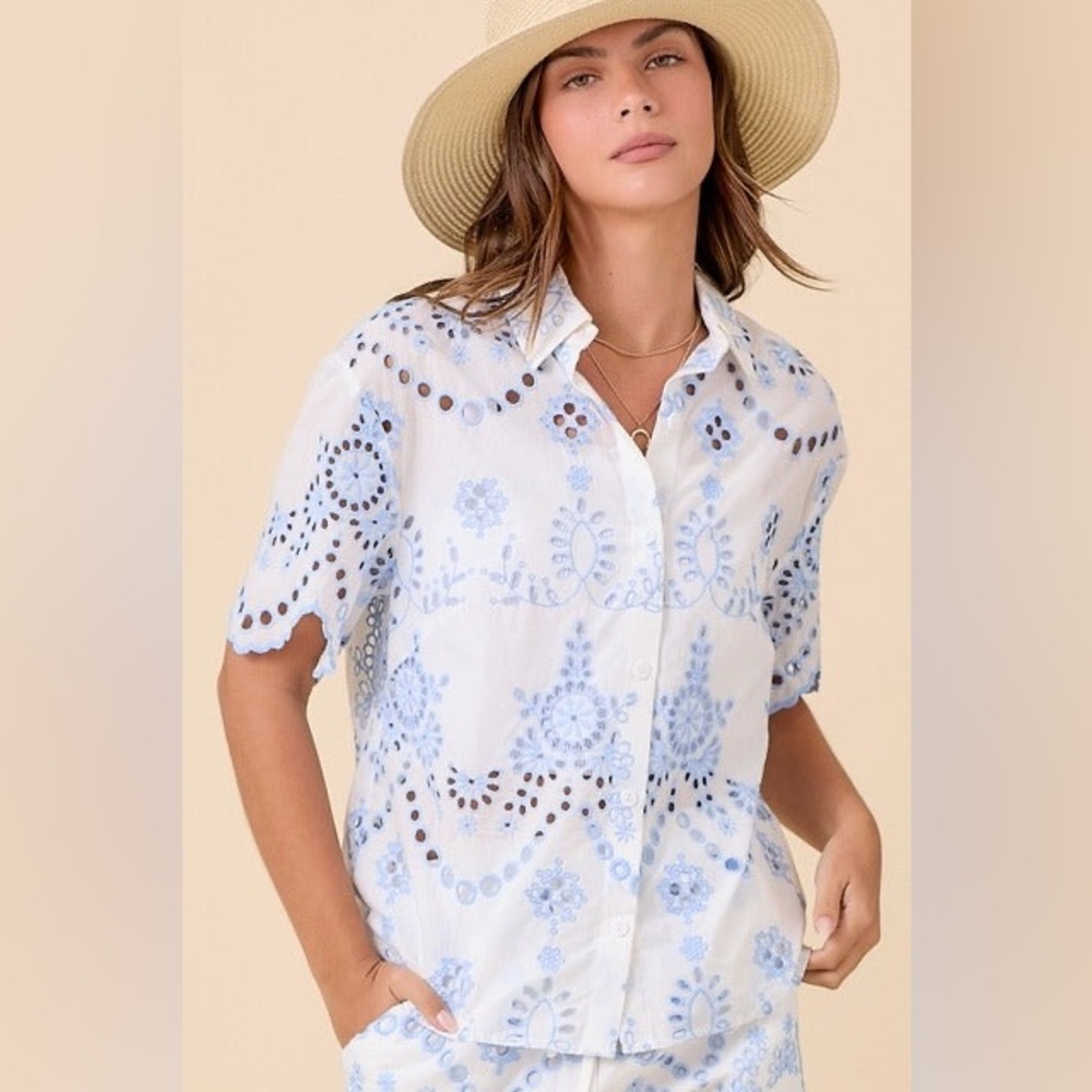 Contrast Eyelet Scallop Hem Button Up Collared Top - Main Strip